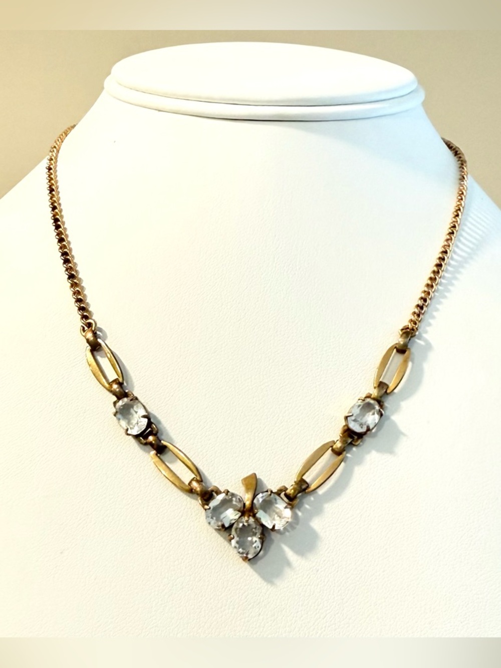 Vintage 12k Gold Filled Paperclip Chain Rhinestone Necklace 17” Victorian Style